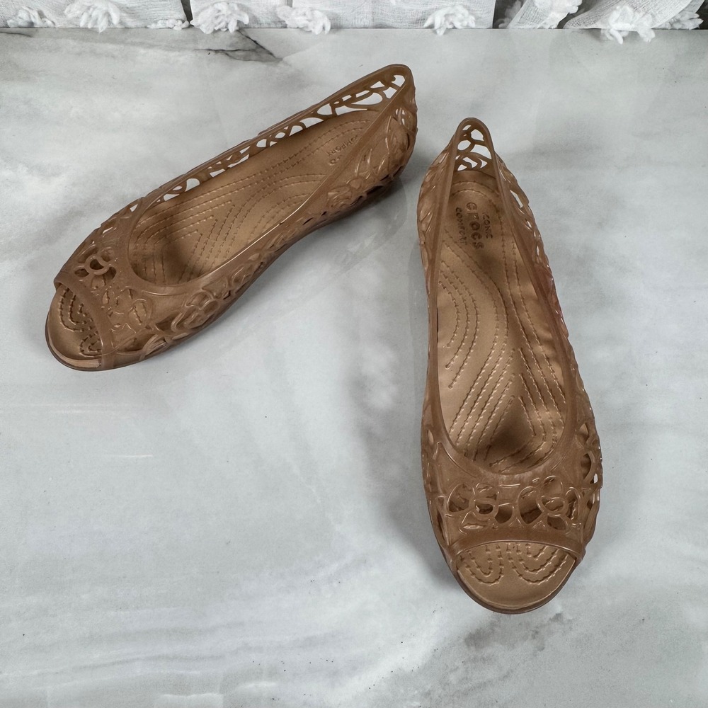 Crocs Tan Peep Toe Floral Filigree Jelly Ballet Flats Beach Resort Cruise 7
